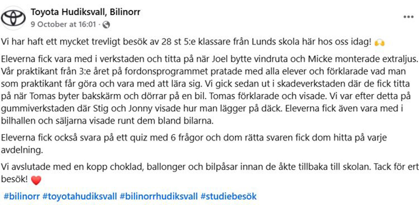 Bil i Norr, Hudiksvall, har besök av elever och skriver om det i Facebook.