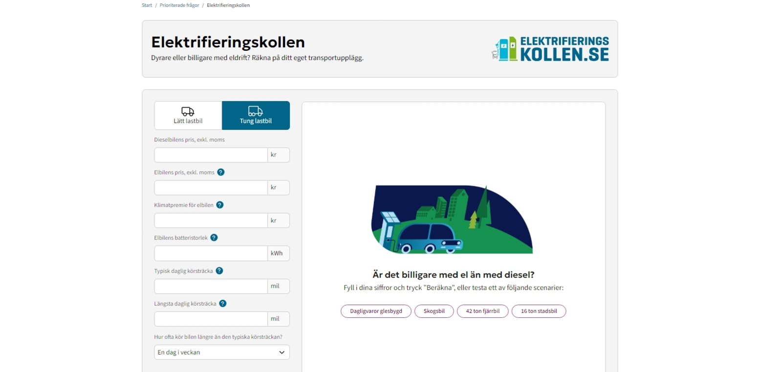Elektrifieringskollen.se – ett verktyg för åkare som vill jämföra kostnader för el- och diesellastbilar
